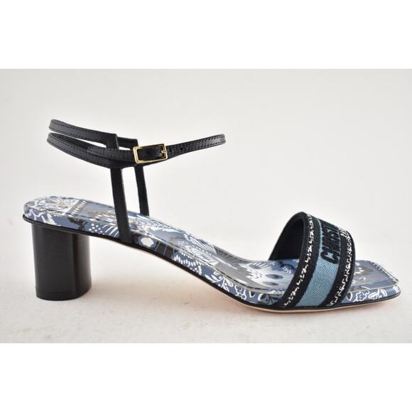 Dior Bandana Embroidered Black Blue Dway Heeled Sandal Strap Low Heel Pump 38.5 - Picture 2 of 13